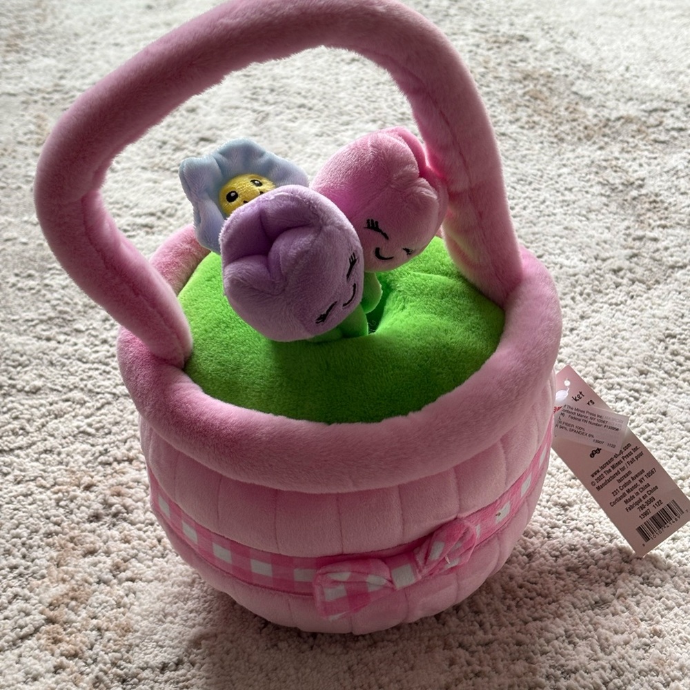 Plush Pink Flower Basket Toy - Soft Spring Plush Playset